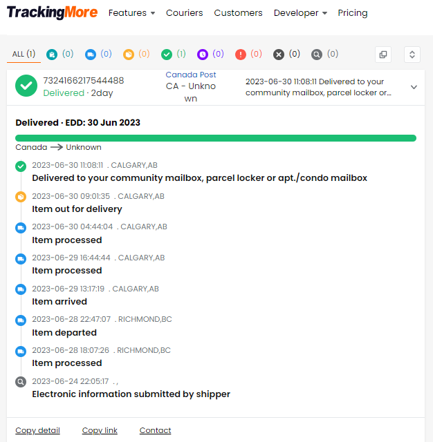 TrackingMore Canada Post tracking status
