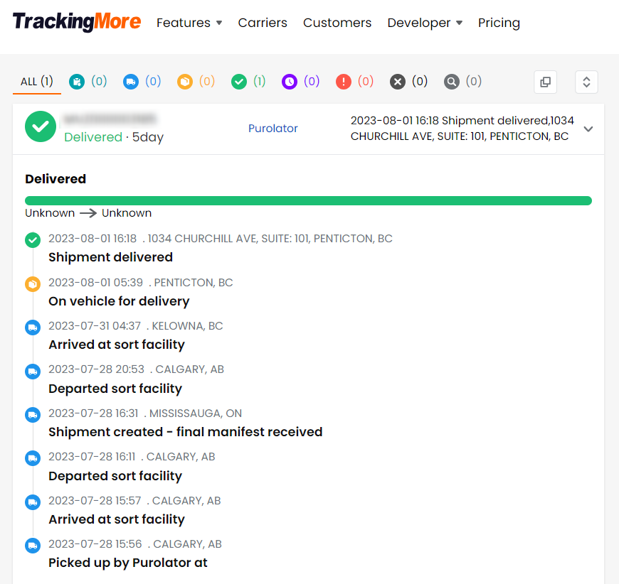 TrackingMore Purolator tracking status