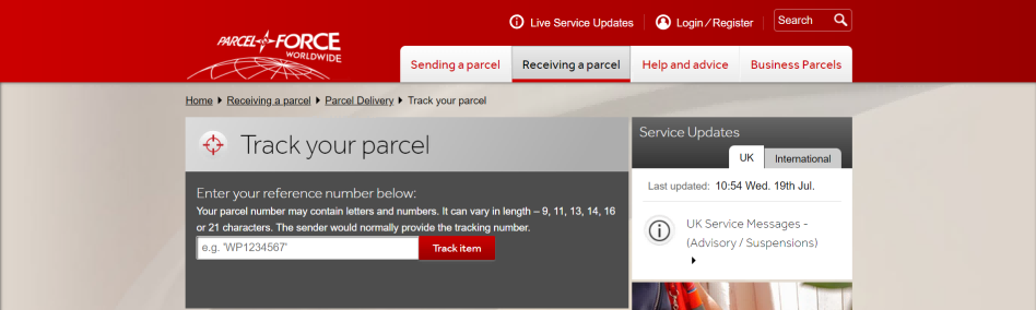 Parcelforce tracking page