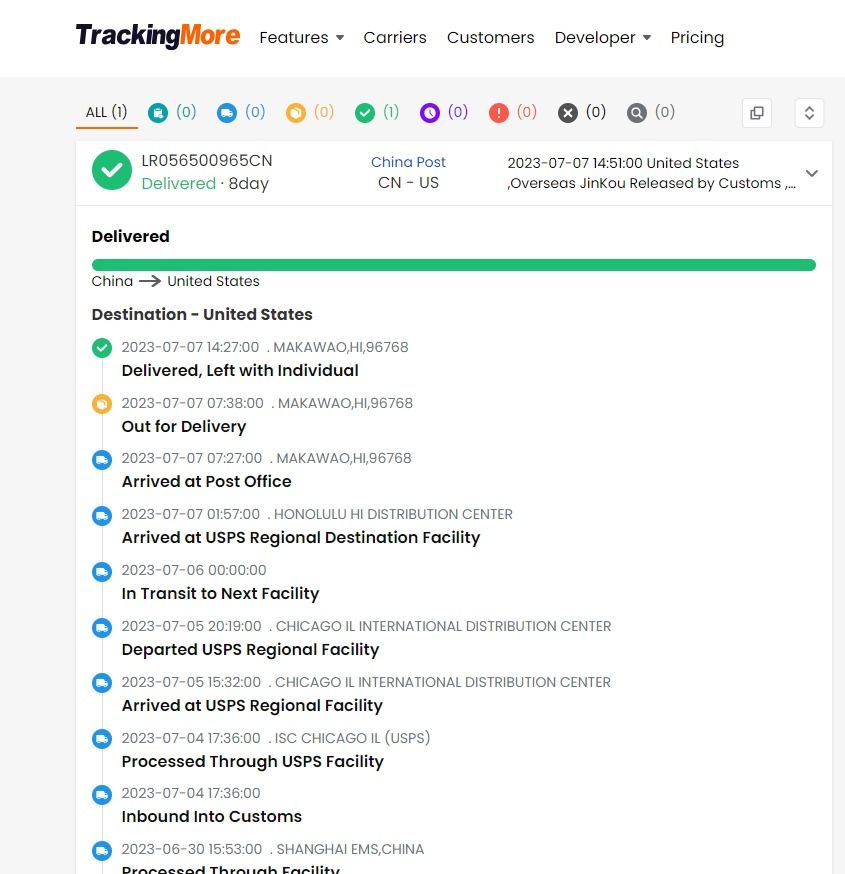 TrackingMore tracking statuses