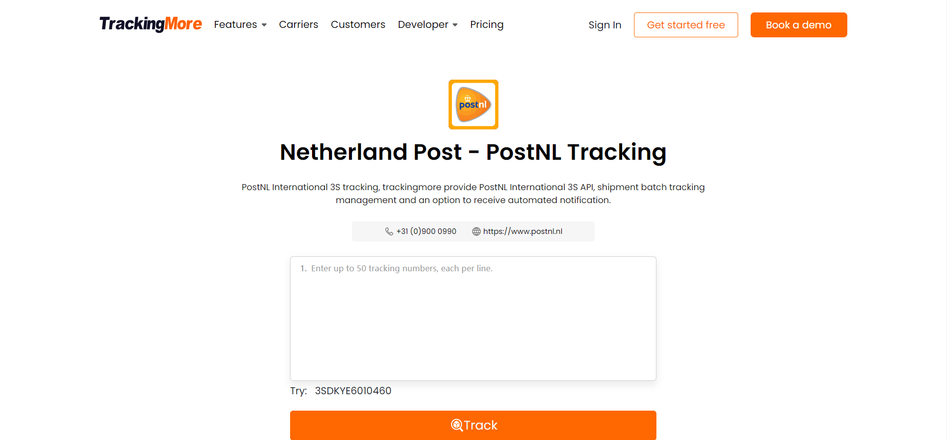 TrackingMore PostNL tracking page