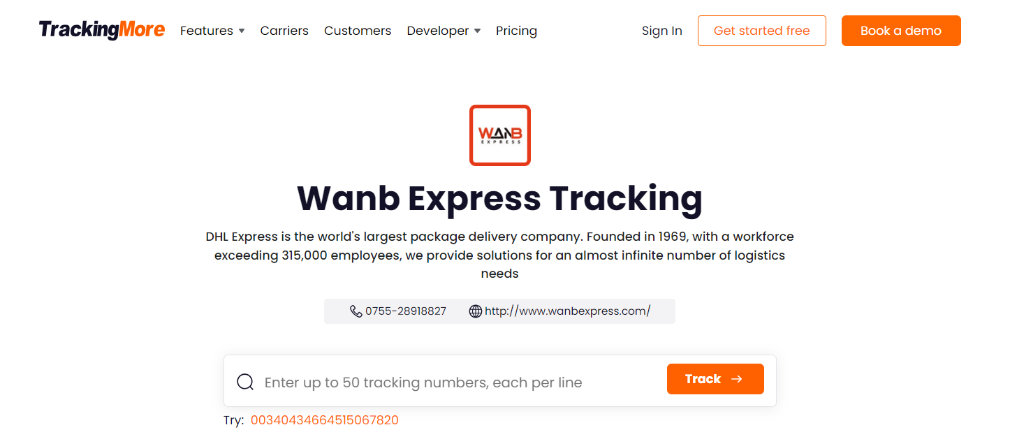 TrackingMore Wanbang tracking page