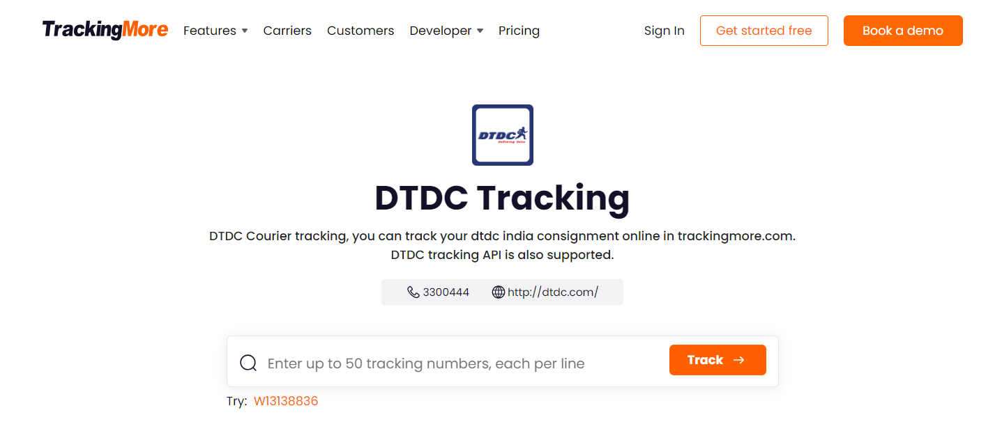 TrackingMore DTDC tracking page