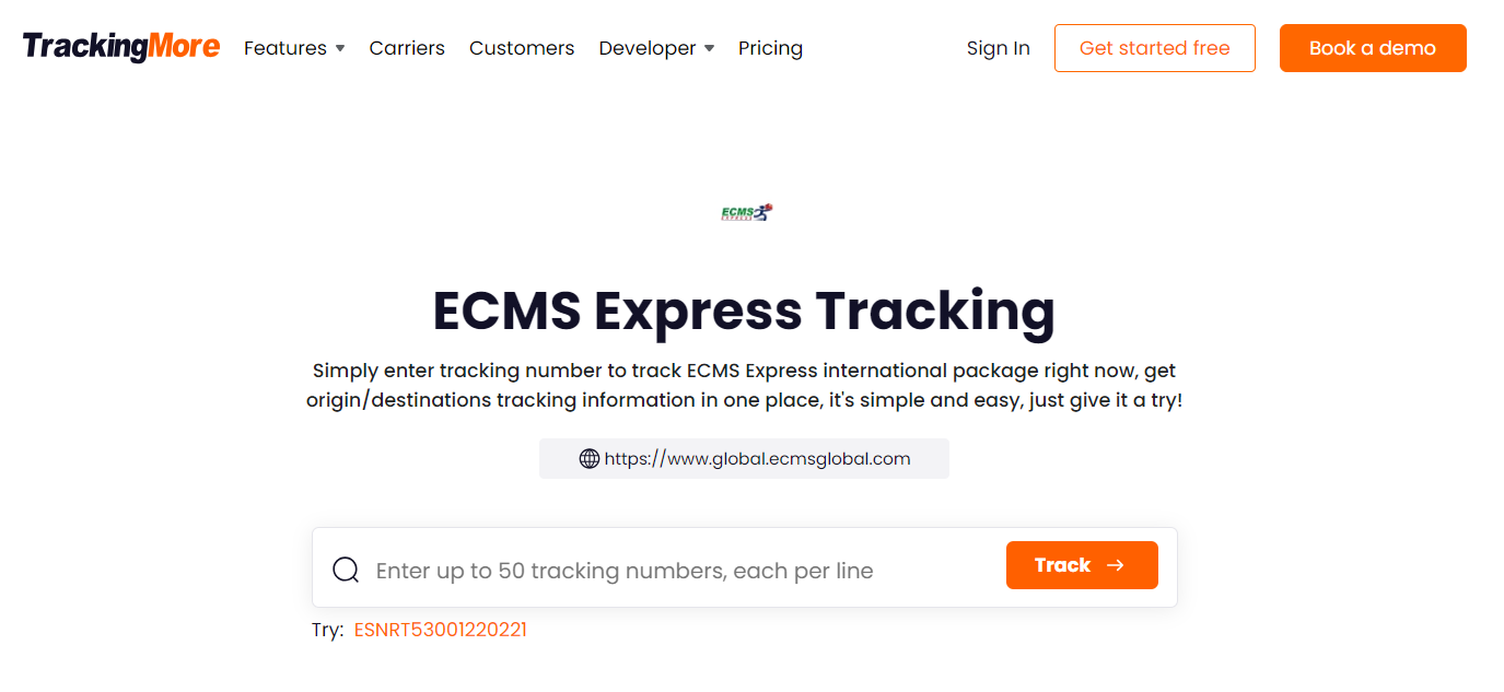 TrackingMore ECMS Express tracking page