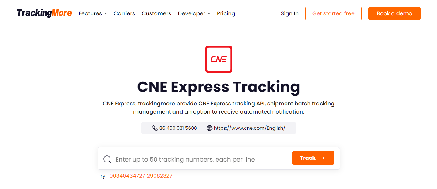 TrackingMore CNE tracking page