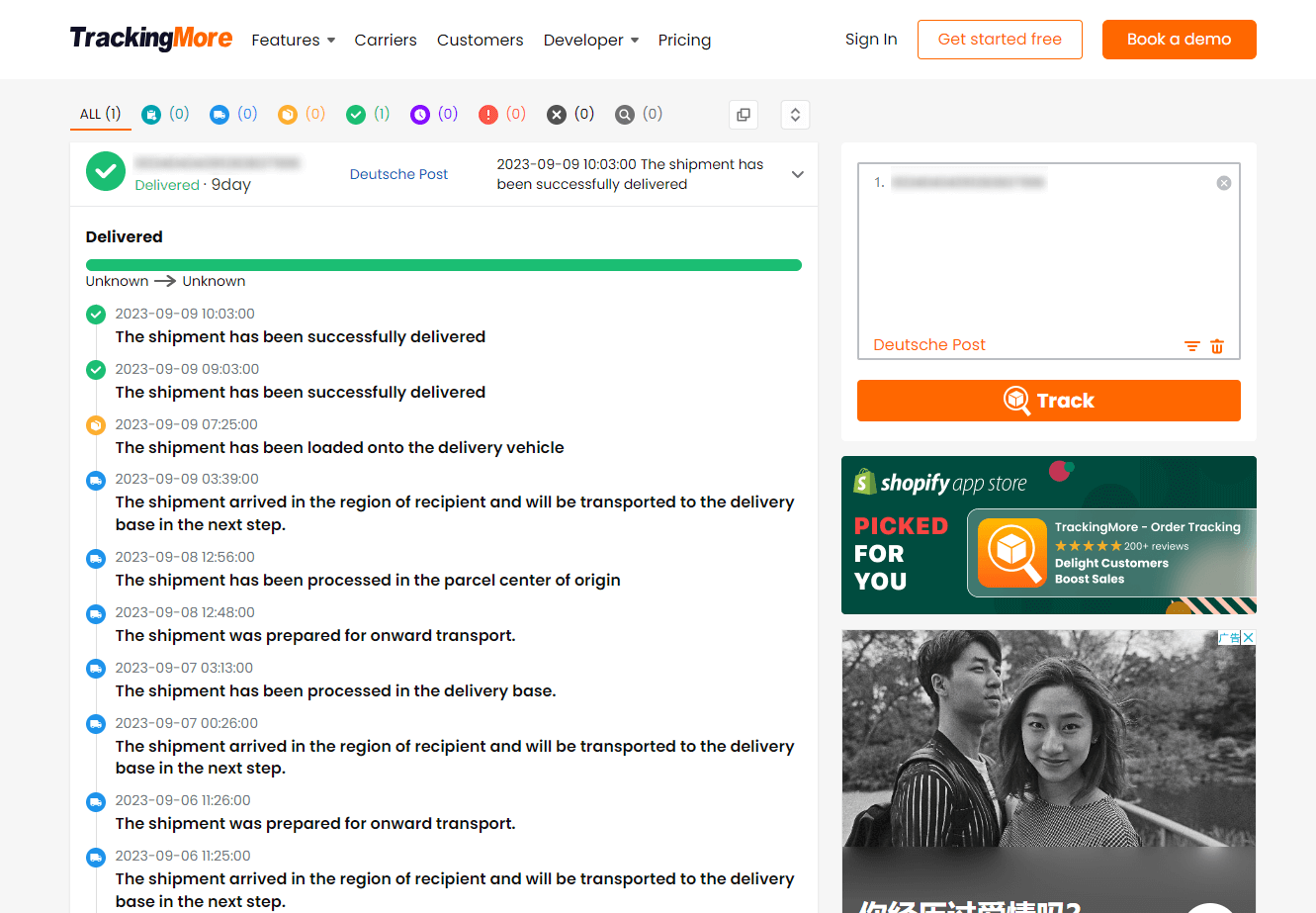 Deutsche Post ledzenie TrackingMore