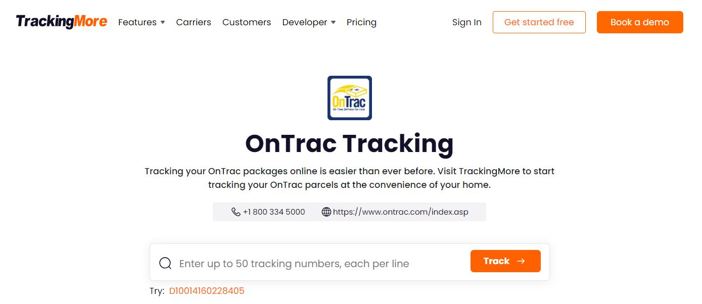 TrackingMore OnTrac tracking page