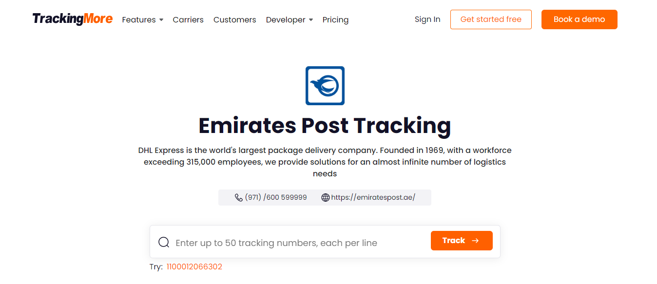 TrackingMore Emirates Post tracking page