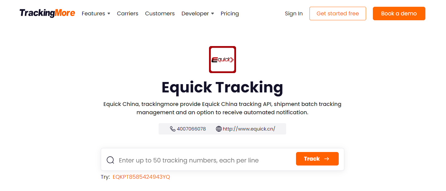 TrackingMore Equick tracking page