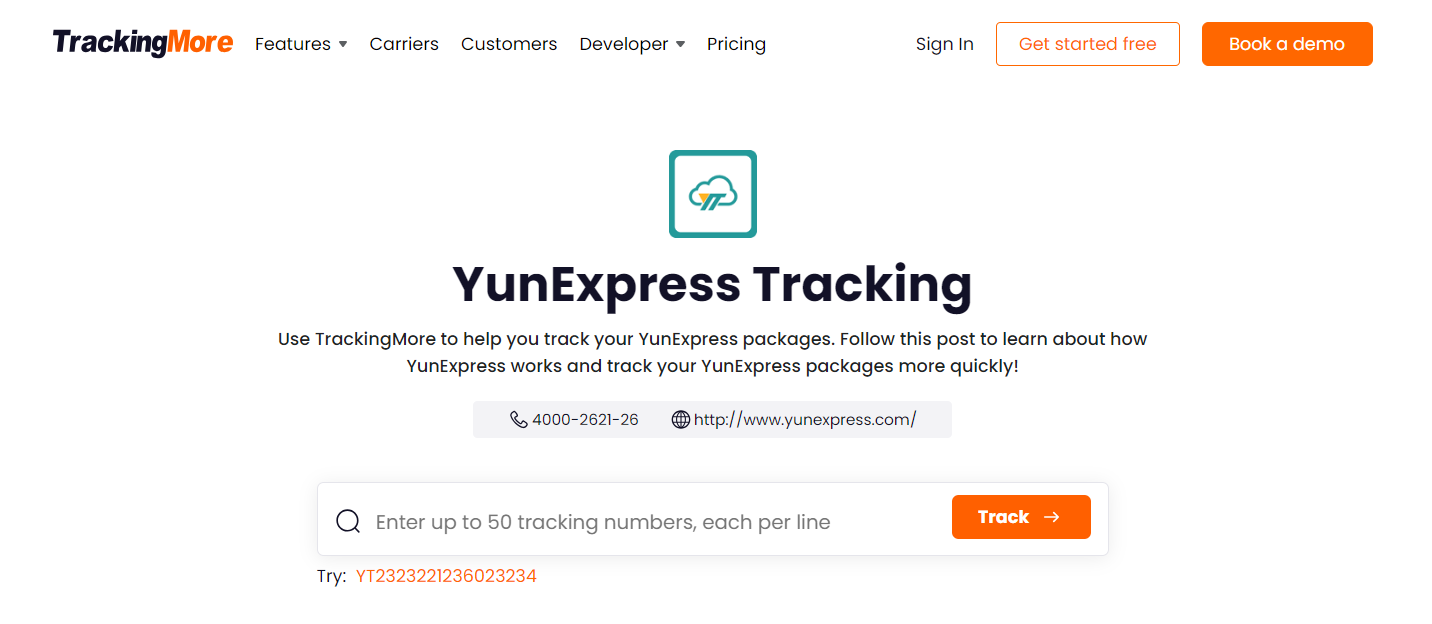 TrackingMore YunExpress tracking page