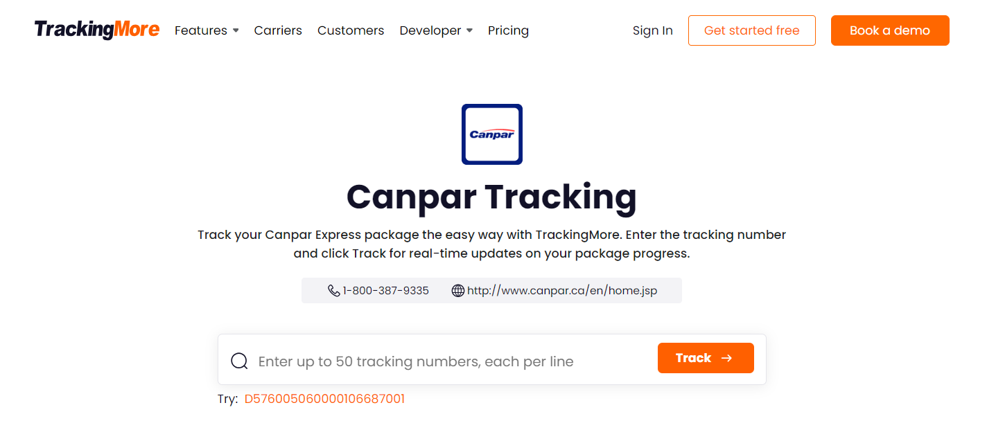 TrackingMore Canpar tracking page
