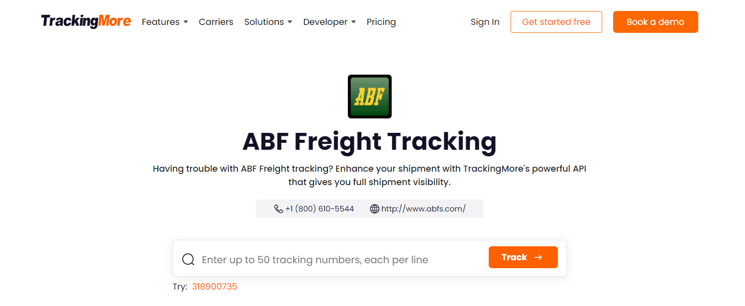 TrackingMore ABF tracking page