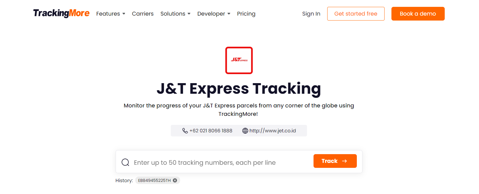 TrackingMore J&T Express tracking page