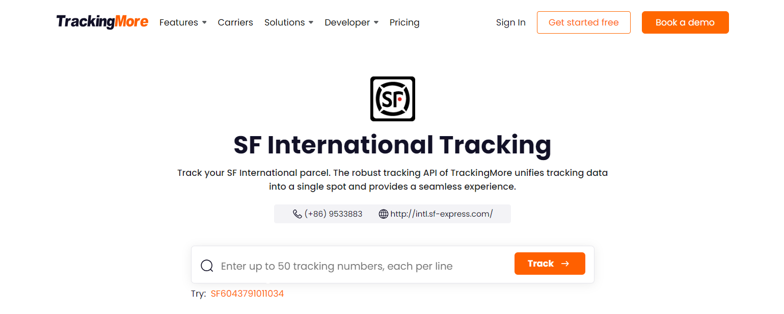 TrackingMore SF international tracking page
