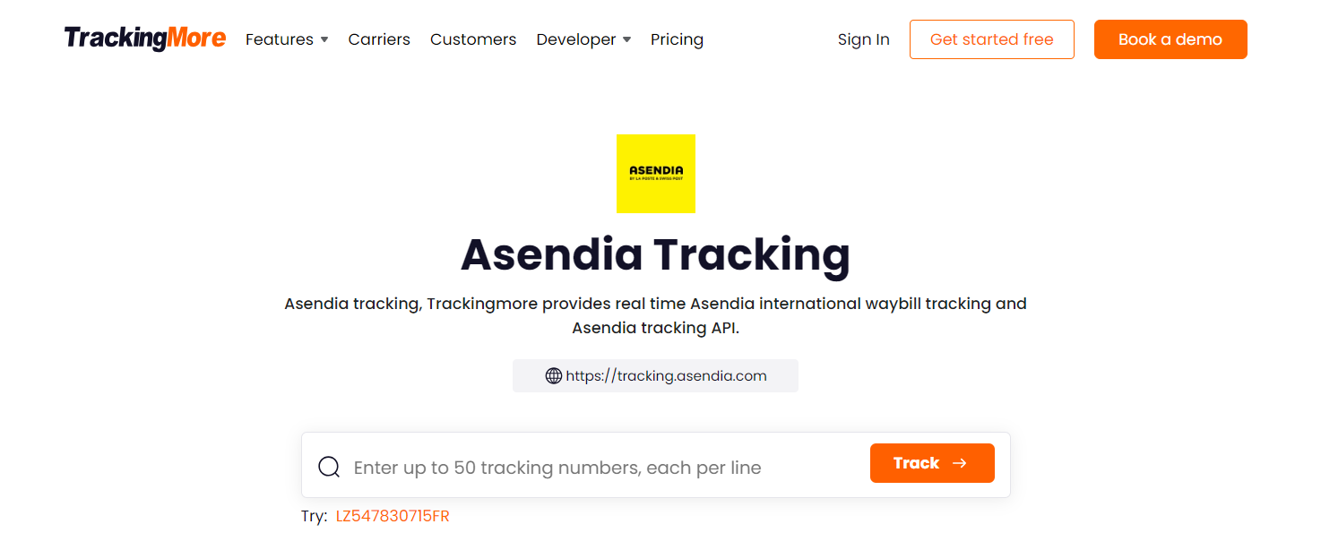 TrackingMore Asendia tracking page