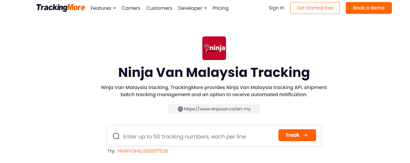 TrackingMore Ninja Van tracking page