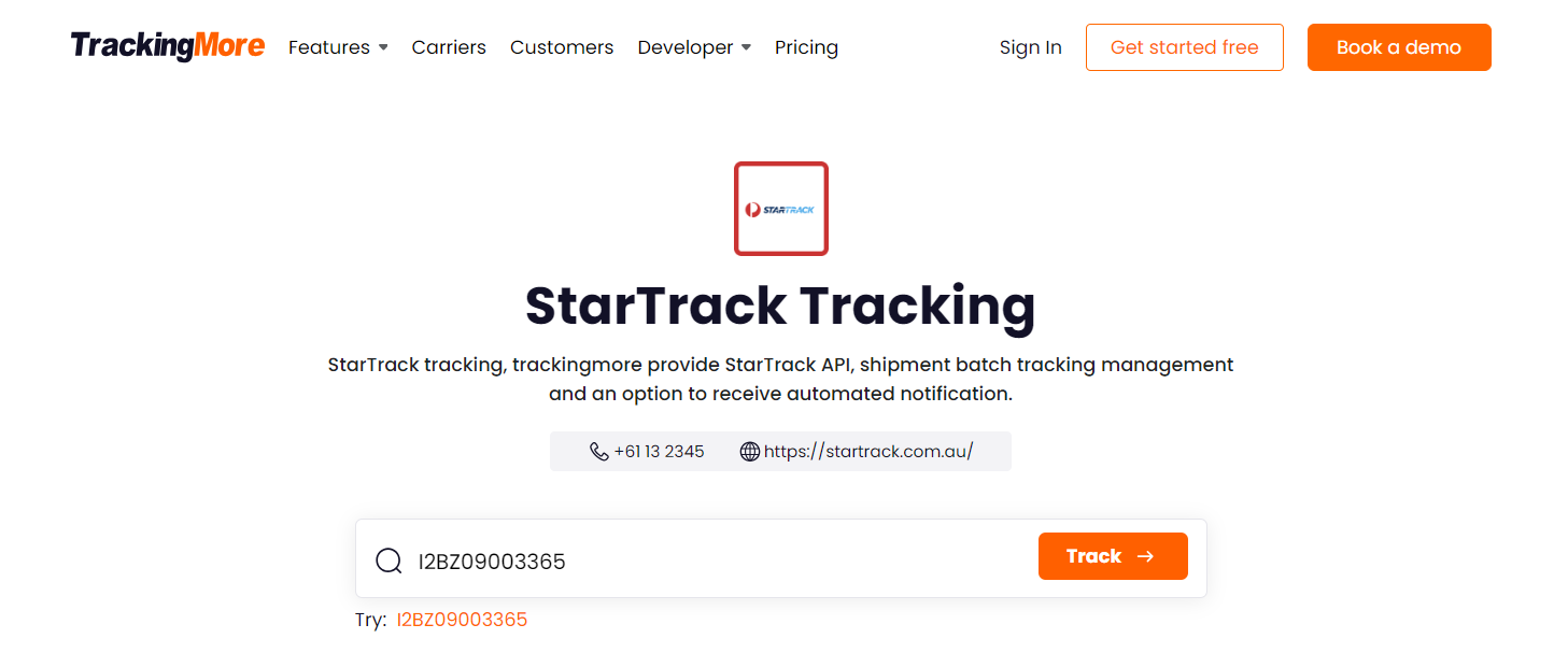 TrackingMore StarTrack tracking page