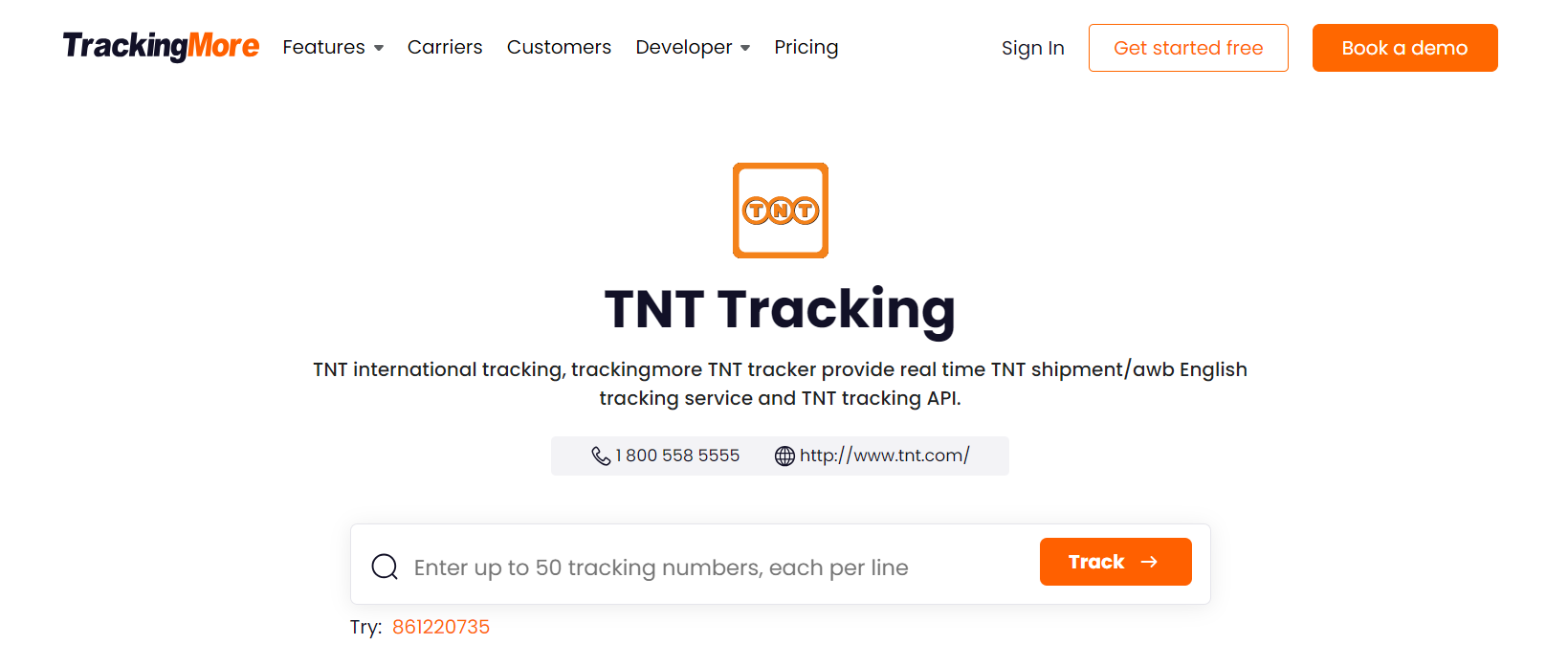 TrackingMore TNT tracking page
