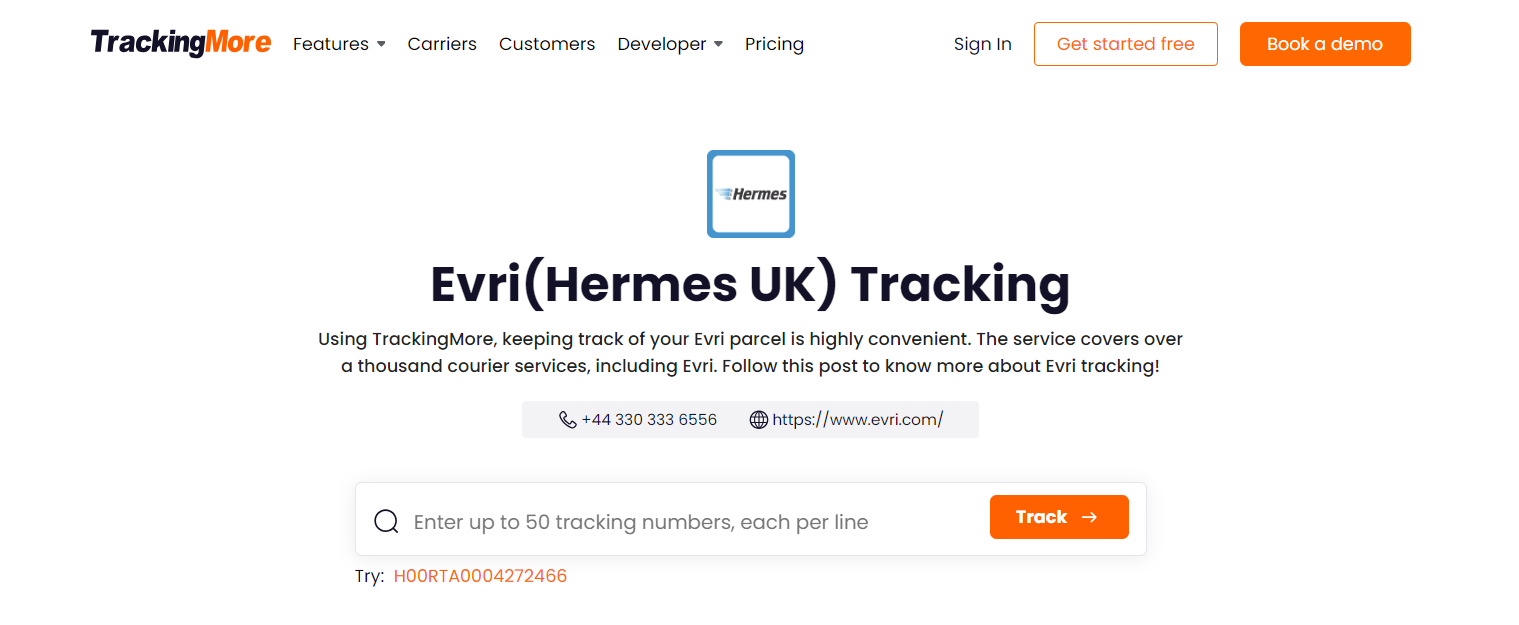 TrackingMore Evri tracking page