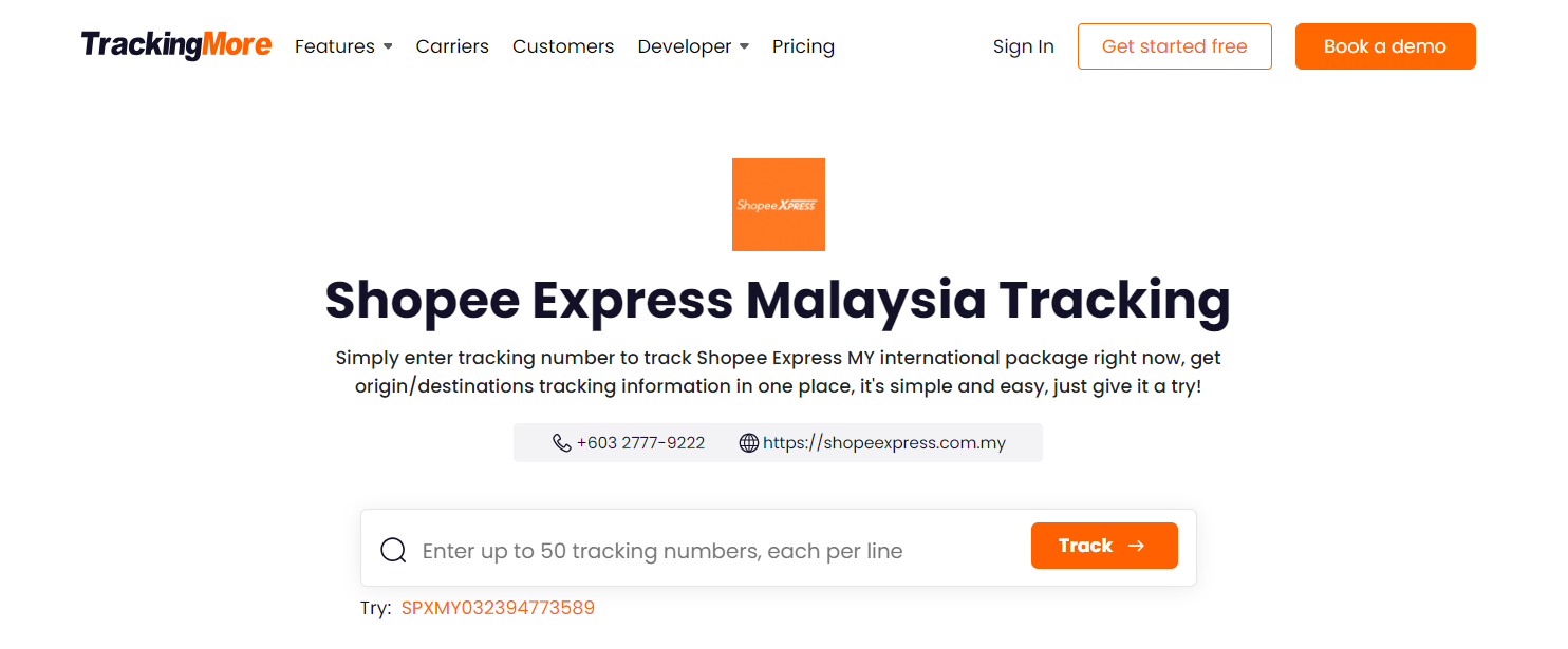 TrackingMore Shopee Express tracking page