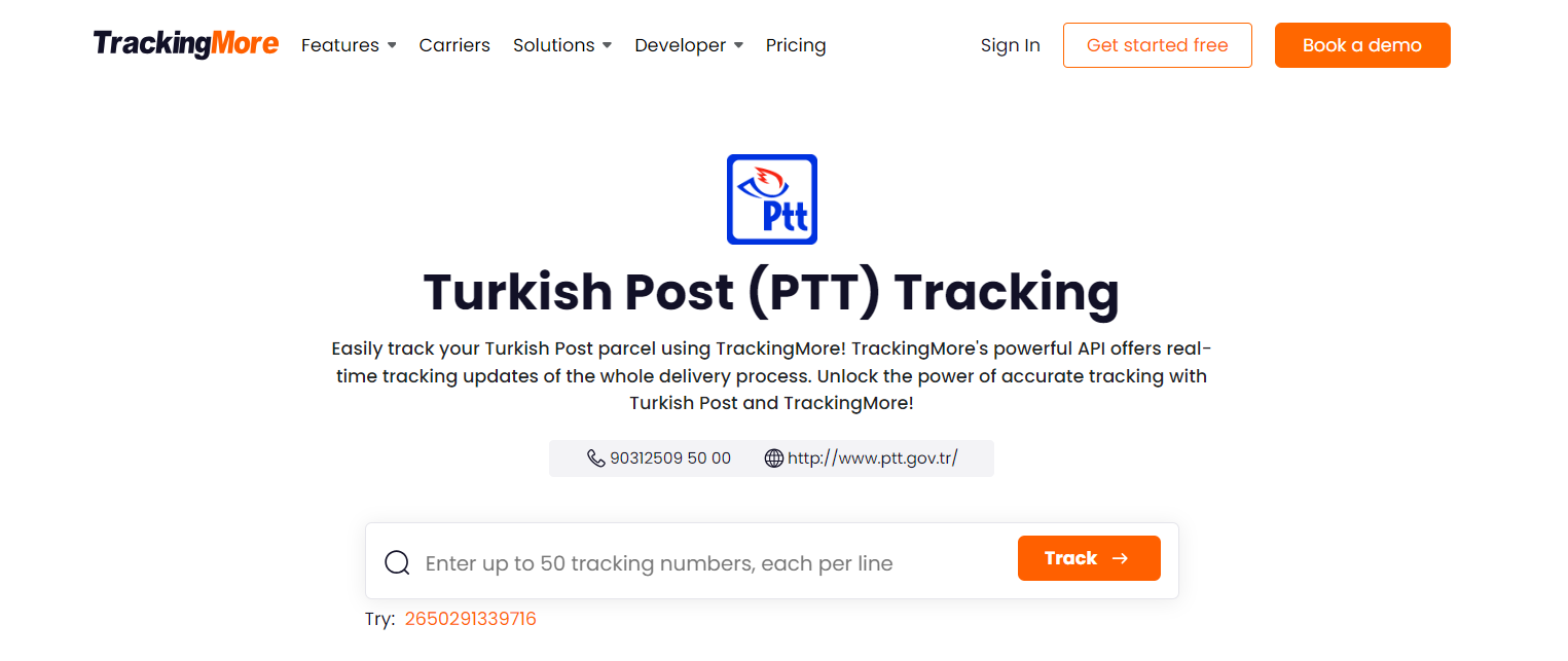 TrackingMore PTT tracking page