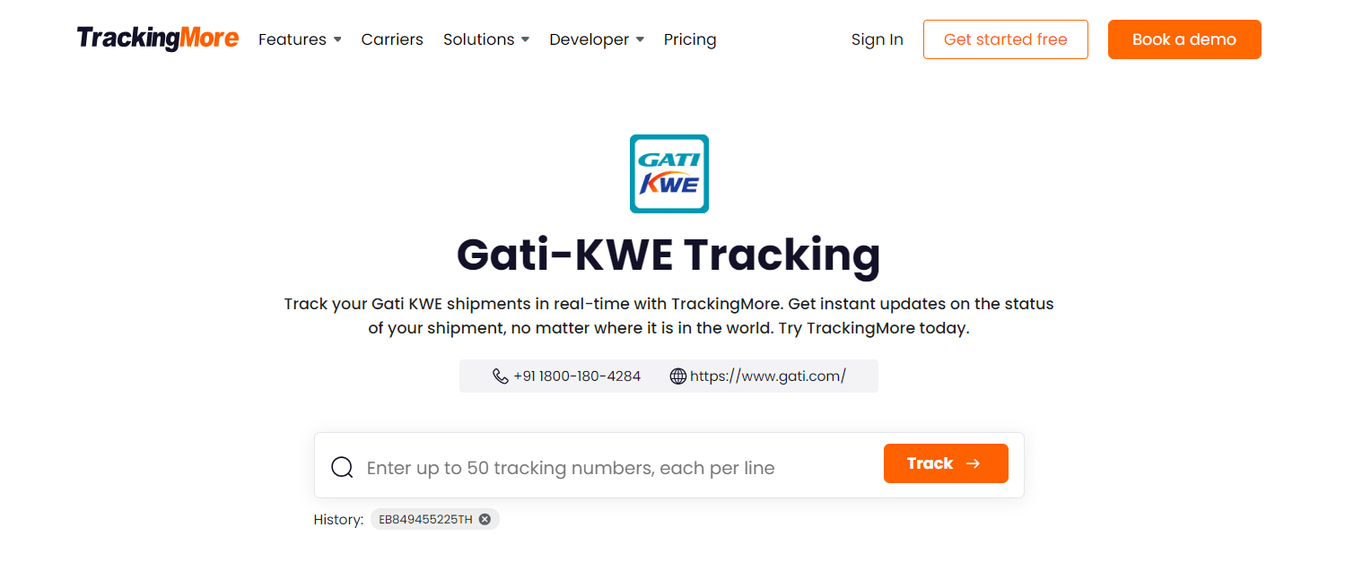 TrackingMore Gati KWE tracking page