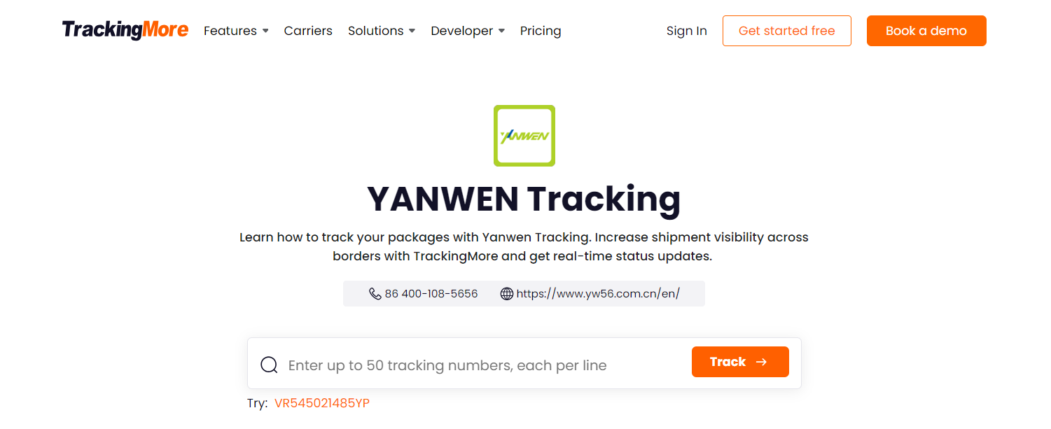 TrackingMore Yanwen tracking page