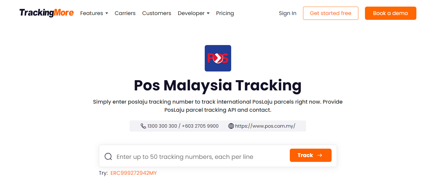 TrackingMore Poslaju tracking page