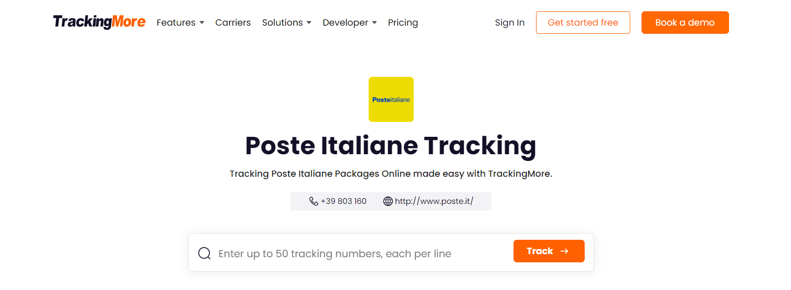 TrackingMore Poste Italiane tracking page
