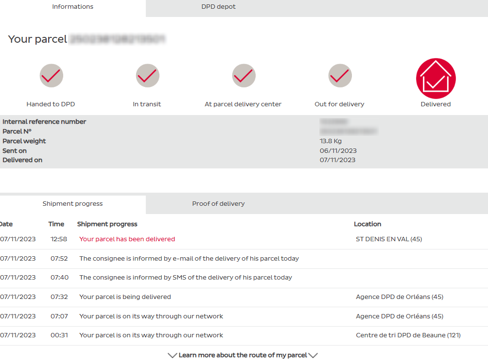 DPD France tracking status page