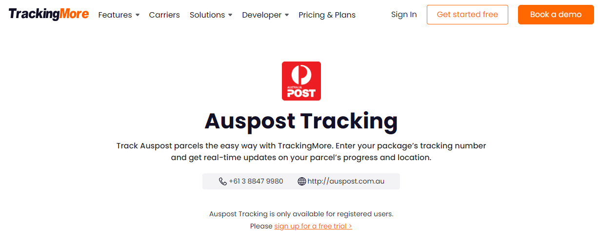 TrackingMore Auspost tracking page