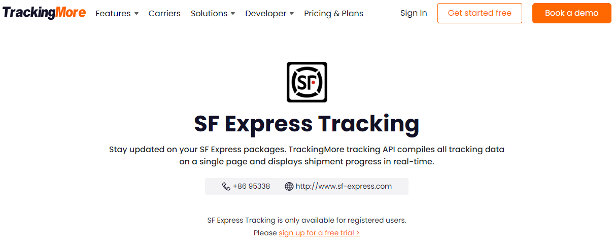 TrackingMore SF Express tracking page