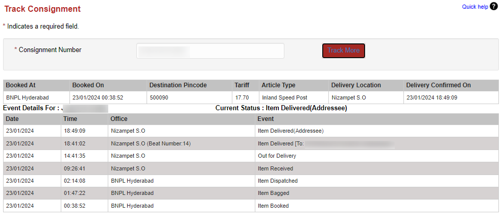 India Post Tracking status page