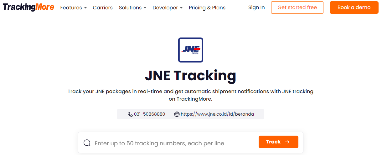 TrackingMore JNE tracking page