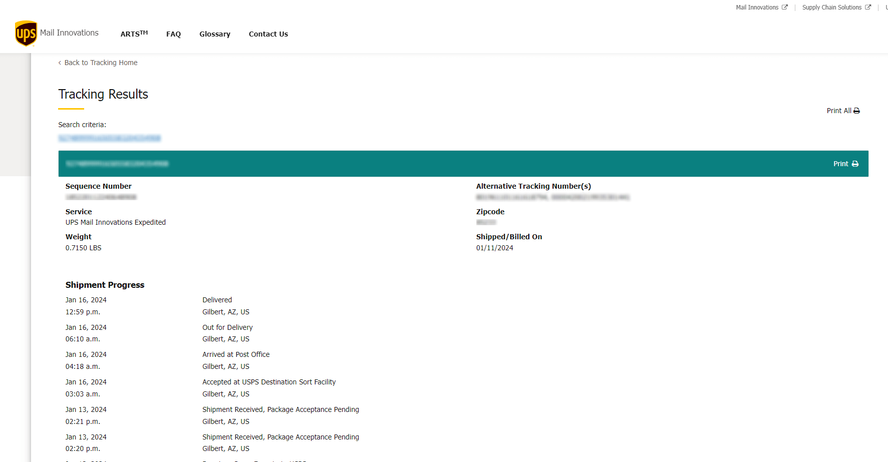 UPS Mail Innovations Tracking status page