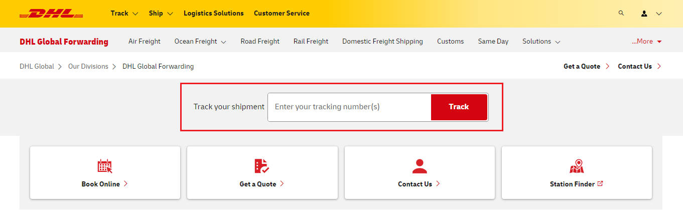 DHL Global Forwarding tracking page
