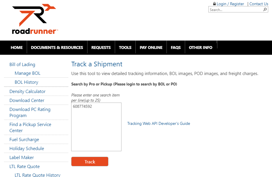 Roadrunner Freight tracking page