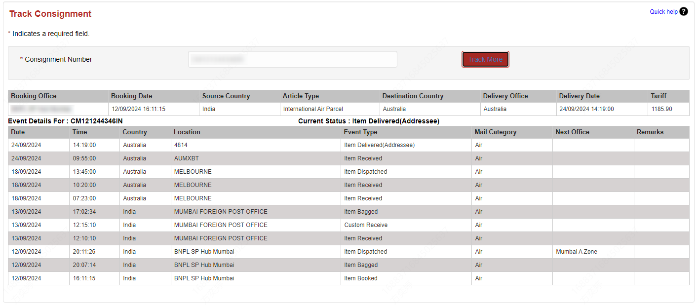 India Post tracking status